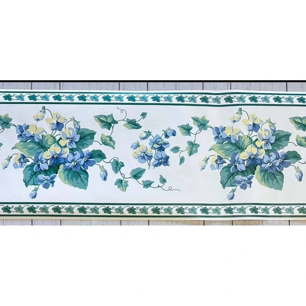 VTG Waverly Wallpaper Border 563654 Ivy w Blue Yellow Flowers 9